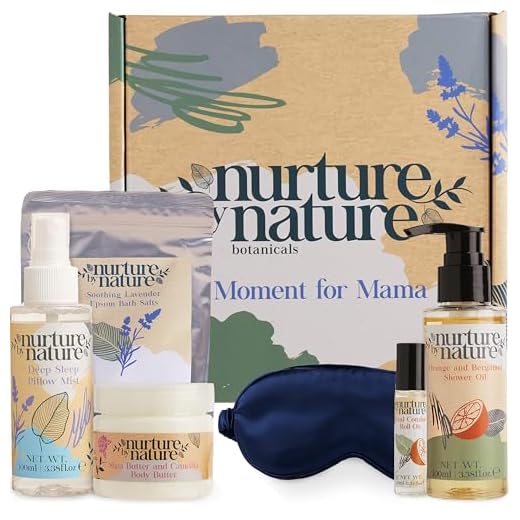Nurture by Nature | Geschenk-Set Moment for Mama | Geschenke für Mama | Körperbutter, Duschöl, ätherisches Öl Roll on, Bitterbadesalz, Seiden-Augenmaske | Neue Mutter, Schwangerschaftsgeschenk