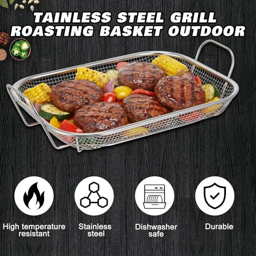 LemonRoad 2 Piece Stainless Steel Grill Roasting Basket Outdoor, 15 x 11 Inch Large Vegetable and Meat Barbecue Basket Roasting Pan with Two Handles, Dishwasher Safe - Thumbnail 3