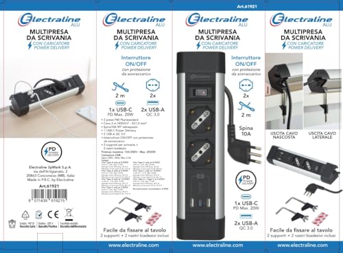 Multipresa Scrivania 2Prese Universali+3 USB(2A+1C) Pd 20W 2M Nera - 9