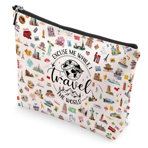 VeloKomo Presentes de viagem para mulheres – Bolsa de maquiagem portátil para viagem pelo mundo, bolsa de higiene pessoal à prova d'água, organizador de cosméticos de linho, acessórios de viagem