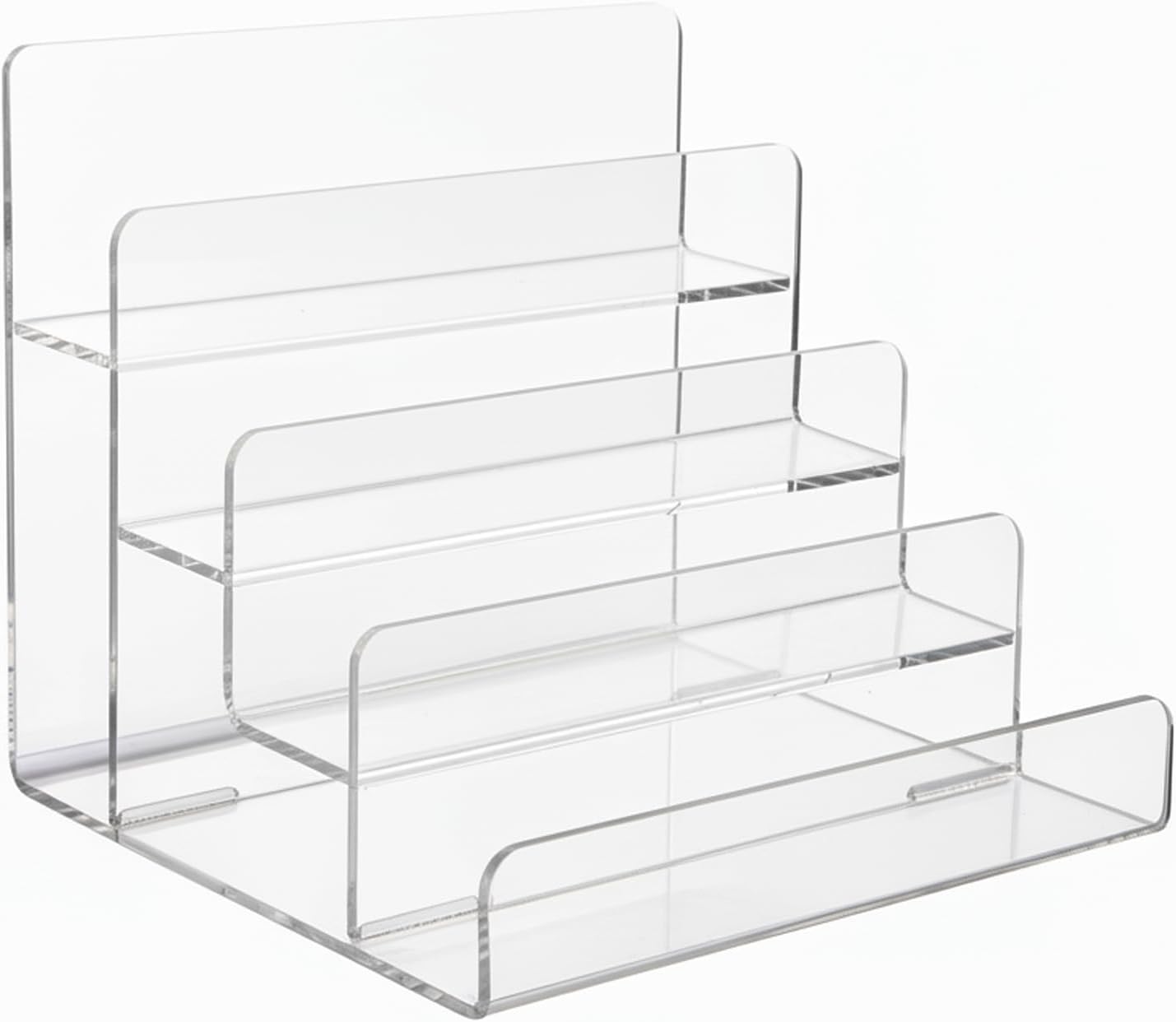 acrylic wallet display stand, clear 4 tier purse jewelry riser display rack for craft fairs vendor booth, desktop display shelf for perfume, keychain,sunglasses organizer 4-tier