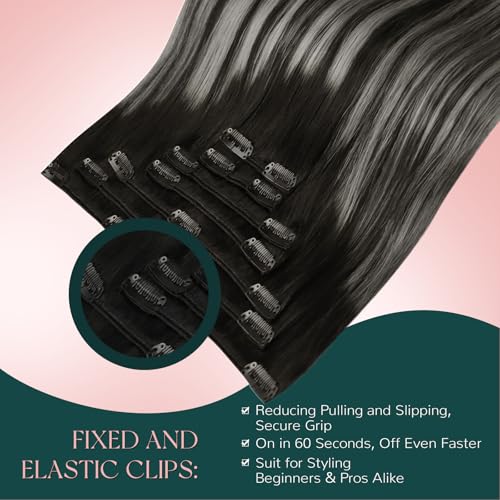 Image of Easyouth Clip in Hair Extensions Real Human Hair Ombre Hair Extensions Clip ins Real Human Hair Blend of Black and Silver with Black Roots Clips on Extension Human Hair 18Inch 120G 7Pcs