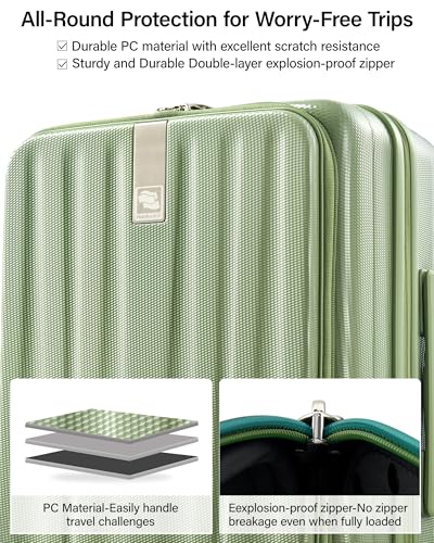 Image of Hanke 56cm Expandable Cabin Trolley Bag, 15.6 Inch Laptop Compartment, Top Opening Hard Shell Polycarbonate, 8 Durable Silent Spinner Wheels, Lightweight Carry On Suitcase for Women,Bamboo Green