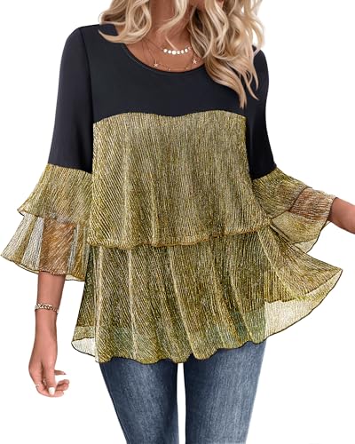 Bebonnie Flowy Sparkly Tops for Women Party: Ladies Casual Long Sleeve Dress Shirts Chiffon Blouses Plus Size Dressy Tops for Wedding Elegant Christmas Night Out Fancy Evening Wear Black Gold XXL