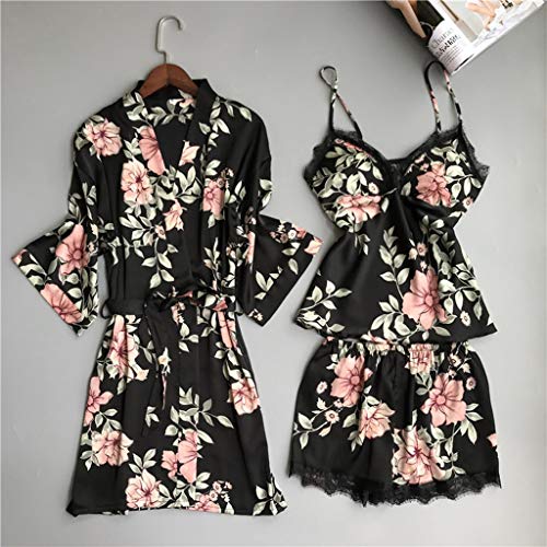 Pyjama en satin avec short et peignoir en dentelle | Lot de 5 pièces de nuit pour femme - 2