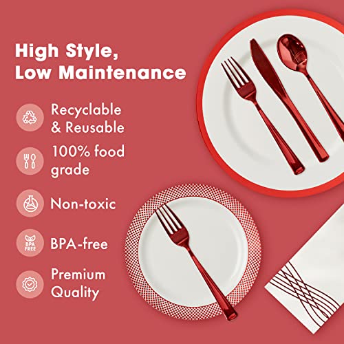 By Madee Red Disposable Dinnerware Set | 175 Pcs For 25 Guests | Dinner Plates, Salad Plates, Silverware & Linen-Feel Fancy Napkins | Premium Plastic Plates For Party | Heavyweight #TOP1