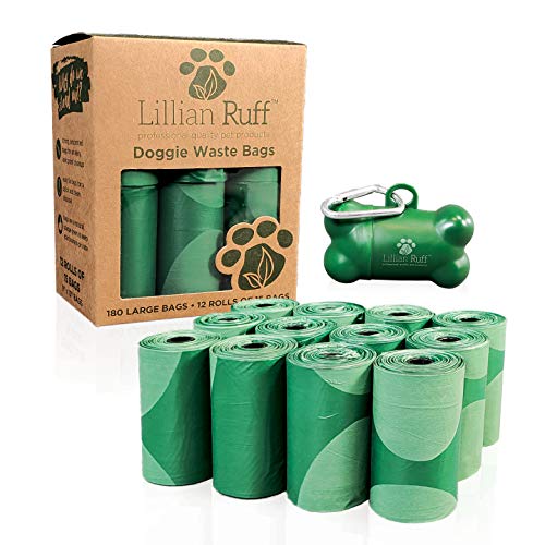 Lillian Ruff Bolsas para excrementos de perro, 12 rollos de 13 x 9 pulgadas, extra gruesas, a prueba de fugas, sin perfume, 15 bolsas de basura por rollo, total de 180 bolsas fáciles de abrir
