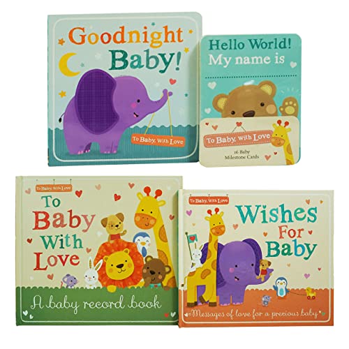 To Baby With Love Baby Gift Set 4 Books Set With 16 Milestone Cards(A baby record book, Wishes For Baby , Goodnight Baby! & 16 Milestone Cards)