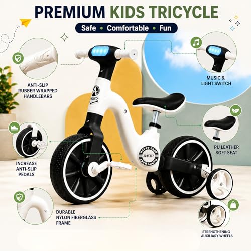 Image of Stardust 3-in-1 Kids Tricycle for 2-5 Years - Convertible Tricycle, Bicycle & Balance Bike for Boys & Girls - Kids Cycle with LED Light, Music & Foldable Training Wheels - Ride On Toy (Black)