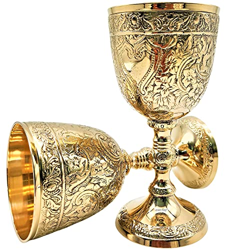 Carfar Wine Goblet Solid Brass Royal Wine Cup Handmade Goblet Medieval Decor Gothic Chalice Pack of 1 (Polish Gold)