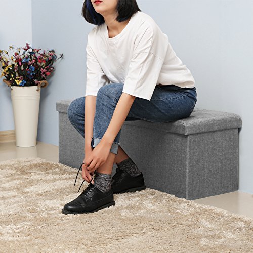 SONGMICS Folding Storage Ottoman Bench, Foot Rest, Stool, Storage Chest with Wooden Divider, Holds up to 660 lb, Light Grey ULSF77G