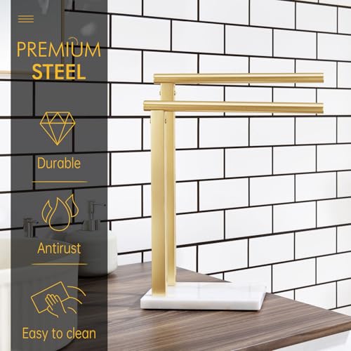 Image of KOKOSIRI Hand Towel Rack Standing Towel Rails 2-Tier with Marble Base for Bathroom Vanity Countertop, Brushed Gold Stainless Steel 15.7'' Height THS0007-BG
