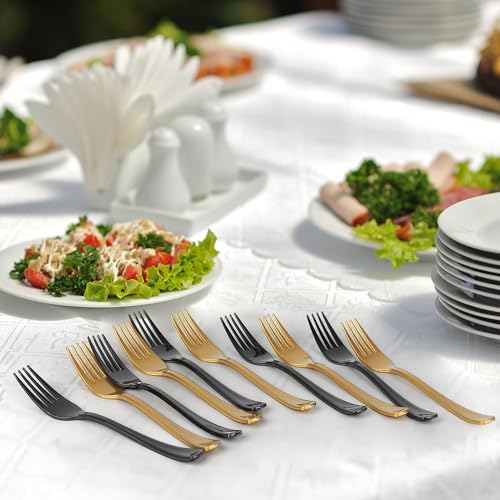 Kochorie 180 Pcs Black and Gold Plastic Forks Disposable Silverware Heavy Duty Plastic Cutlery Set Heat Resistant Durable Utensils Flatware for Party Wedding Birthday Supplies and Daily Use