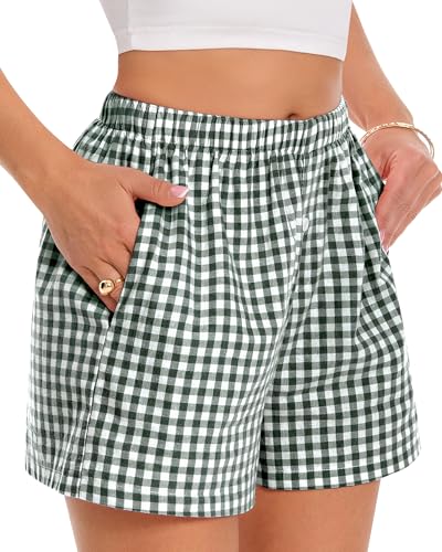 Image of Women Boxer Shorts Summer Gingham Pj Casual Plaid Bottoms with Pocket