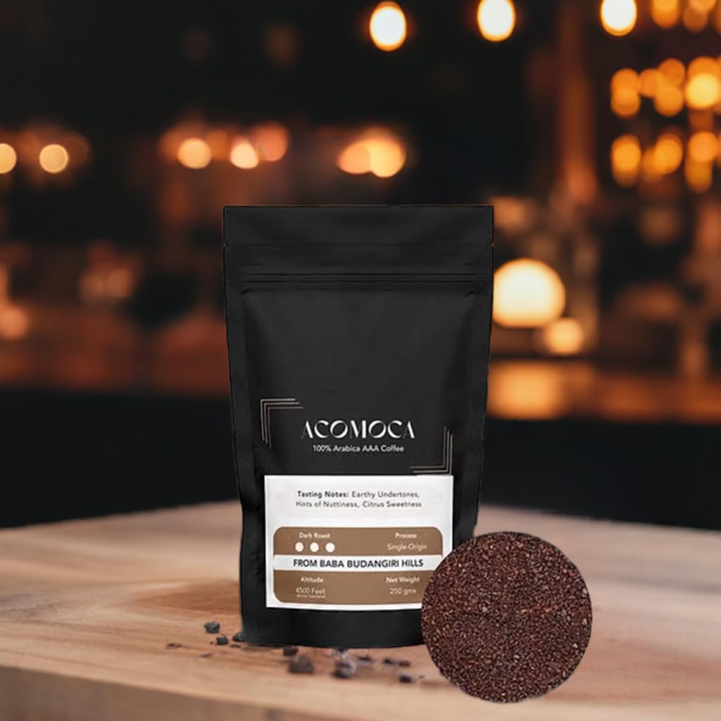 Acomoca 100% Arabica AAA Coffee, Dark Roast, 250 gms, Single-Origin from Chikmagalur Hills - Ground Coffee for French Press and Cold Brew