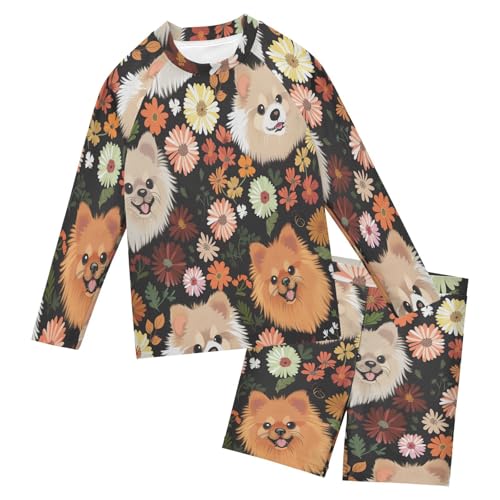 Pomeranian Florals Boys Swimsuit Rash Guard Toddler Kids Long Sleeve Swim Shirt and Trunks Swimwear Set 3-10Y