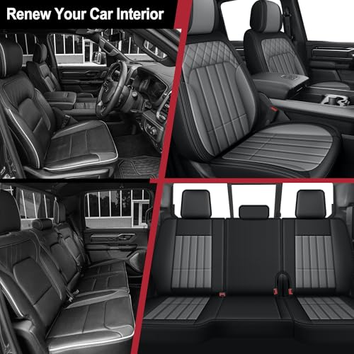 Image of AOMSAZTO for 2026 Dodge Ram 1500 Seat Covers 2500 3500 2002-2026 Full Set | Truck Seat Covers Waterproof Leather Quad Crew Cab Big Horn Laramie Tradesman Limited Curved Bench(5 Seat,Black&Grey)