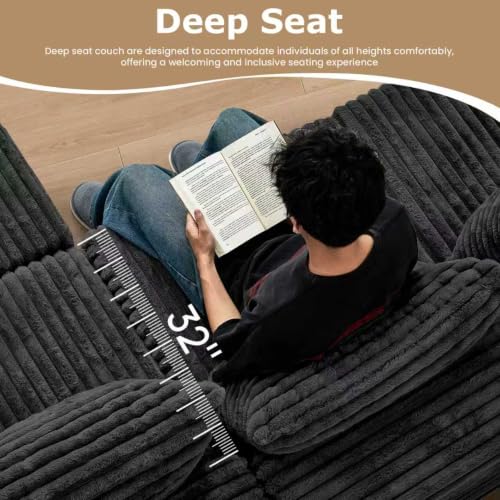 PATAVOT 104 Inch Cloud Couch Sectional,Corduroy Boneless Couches for Living Room,L-Shaped Modular Sectional Sofa with Removable Ottoman and Deep Seat,No Assembly Required,Black — view 3