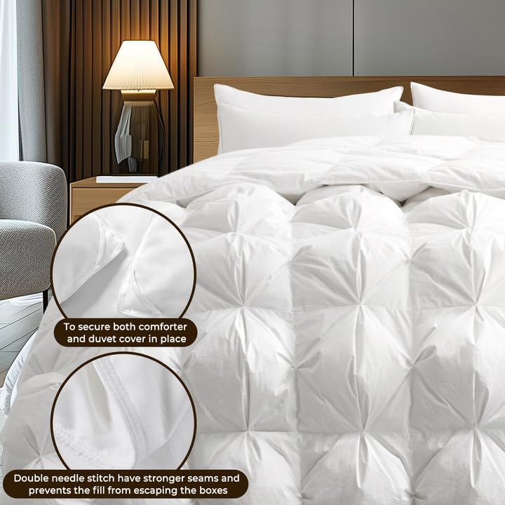 Miniatura 7 de puredown Edredón de plumas tamaño individual, relleno de edredón blanco plisado con lazos en las esquinas, edredón transpirable y ultrasuave