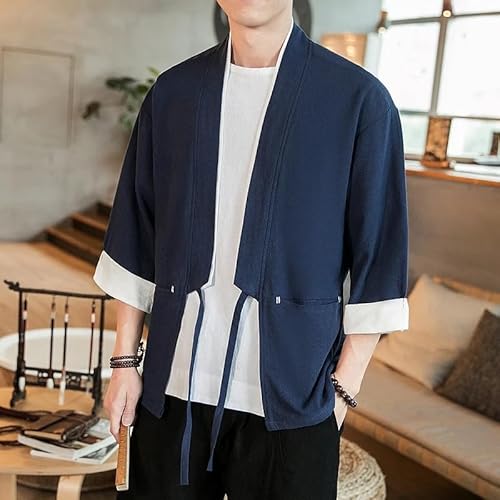 Cardigã masculino quimono japonês algodão linho camisa masculina fantasia samurai jaqueta masculina