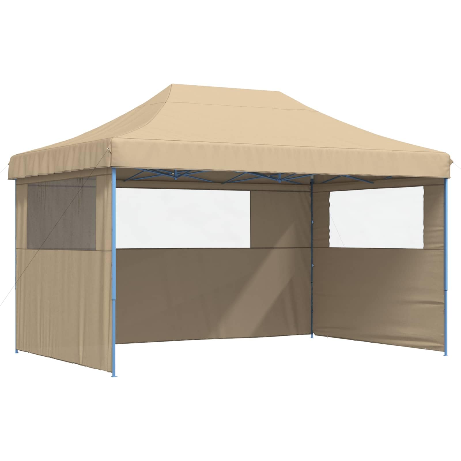 Składany namiot Pop Up Beżowy 440 x 292 x 315 cm, 3 ściany | Dach z tkaniny Oxford z powłoką PCW, stalowa rama malowana proszkowo, przezroczyste okna, 8 śledzi i 4