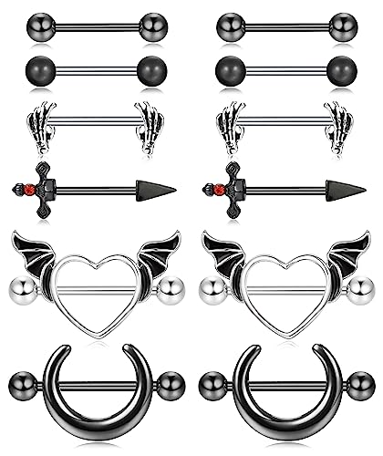 JOERICA 6 Pairs 14G Nipple Rings for Women 316L Stainless Steel Heart Butterfly Moon CZ Flower Barbell Nipple Rings Set Cute Nipplerings Piercing Jewelry
