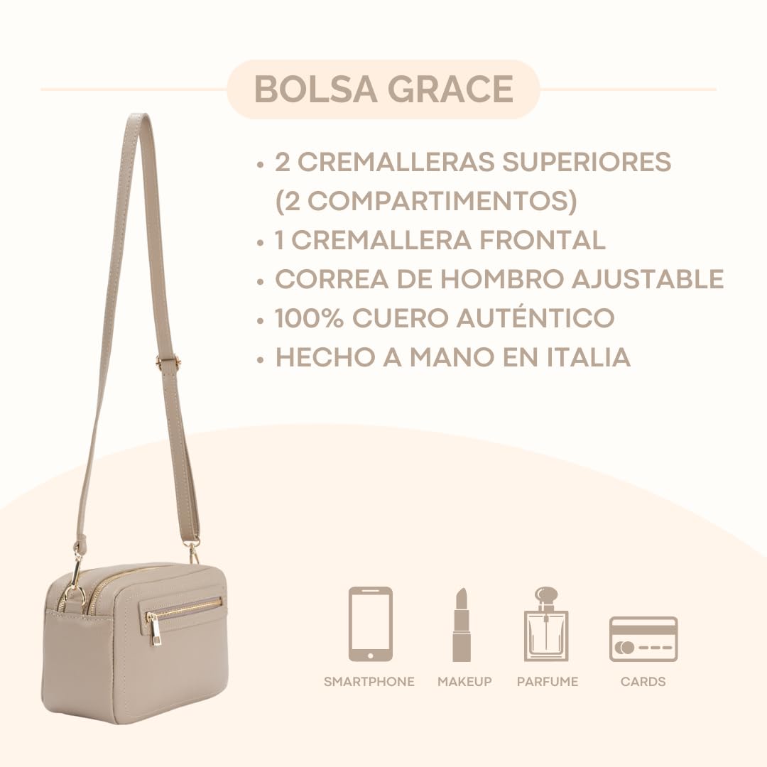 Bolso de Hombro de Cuero Mujer, Made in Italy, 2 Compartimentos con Cremallera, Bolsillo frontal, Correa de Hombro Ajustable