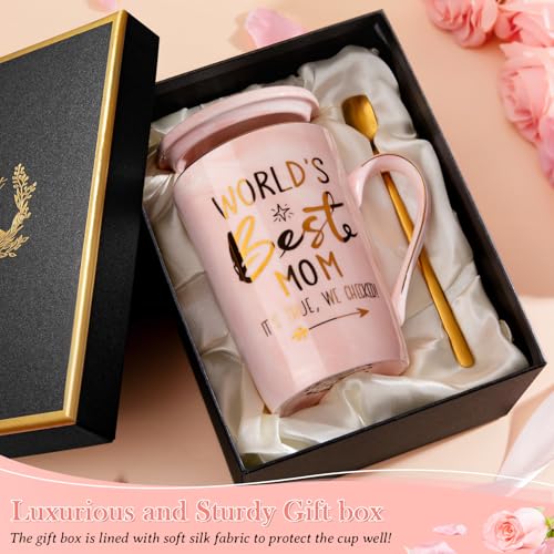 Birthday Gifts for Mom from Daughter Son - 14Oz Funny Best Mom Mug with Gold Print, Unique Pink Marble Coffee Cup with Lid Spoon Greeting Card, New Moms Christmas Day Gift Ideas, Luxury Gift-Boxed Set - Image 6