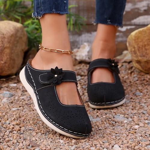 Clogs for Women Leather Comfort Mules Hollow Out Flowers Closed Toe Sandals Summer Casual Arch Support Slip On Slippers Walking Shoes2