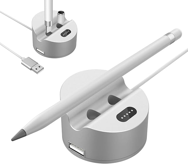 MoKo Charging Stand Adapter Compatible Apple Pencil 1st Generation, iPad Pencil Charger Apple Pen Holder Charging Dock Station with Display Screen USB Port Fit iPad 10th/9th/8th/Pro/Air, Silver