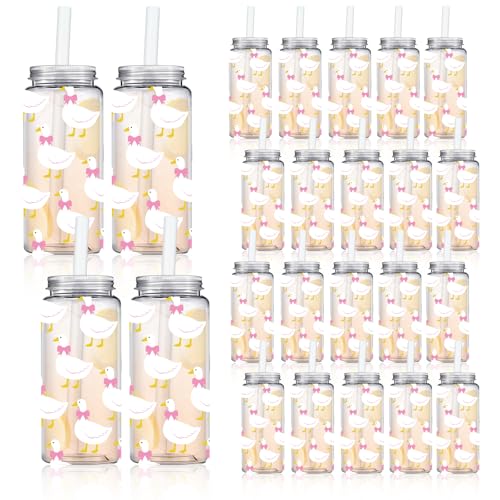 Whaline 20 Pcs Silly Goose Birthday Party Cups Plastic Cups with Lids and Straws 13.5 Oz Clear Reusable Tumblers for Girl Baby Shower Supplies
