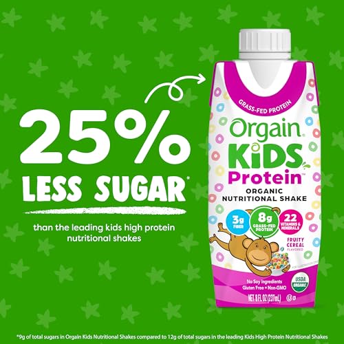Orgain Organic Kids Nutritional Protein Shake, Fruity Cereal, Healthy Kids Snacks 8g Dairy Protein, 4g Fiber, 22 Vitamins & Minerals, No Soy ingredients, Gluten Free, Non-GMO, 8.25 Fl Oz (Pack of 12)