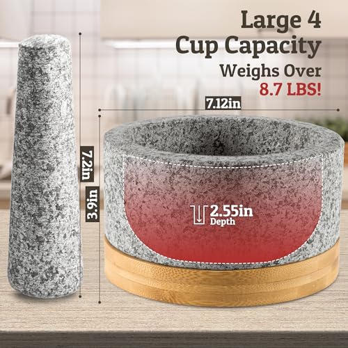 PriorityChef Heavy Duty Mortar and Pestle Set with Bamboo Base, 100% Natural Granite Stone Grinder, Guacamole Bowl and Masher, 4 Cups, Grey by Priority Chef - Image 3