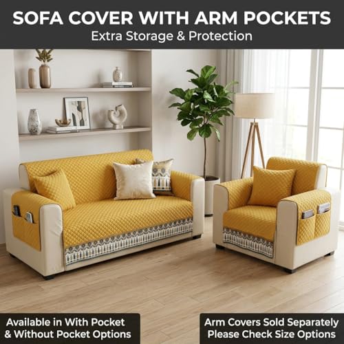 Image of KINGLY Sofa Cover 4 Seater Fully Covered | Stretchable Anti-Slip Slipcover | Washable Furniture Protector | Mustard Yellow | Set of 2 | Seat & Back |