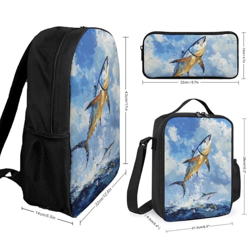 Tuna Fish Leaping Out Of Water Classic Backpack Lunch Bag Pencil Case 3 Piece Set Travel Daypack2