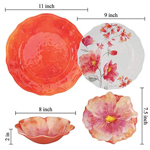 Upware 16-Piece Melamine Dinnerware Set, Includes Dinner Plates, Salad Plates, Dessert Plates, Bowls, Service For 4. (Tiger Lily) #TOP2