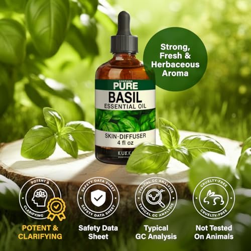 Image of 100% Pure Basil Oil - 4 Fl Oz Basil Essential Oil for Hair, Skin, Diffuser, Aromatherapy & DIY Soap Making Scent