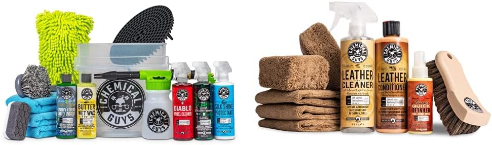 طقم غسيل سيارات Chemical Guys Arsenal Builder مكون من 14 قطعة مع منظف ومكيف جلدي ومجموعة تفصيلية مكونة من 9 قطع