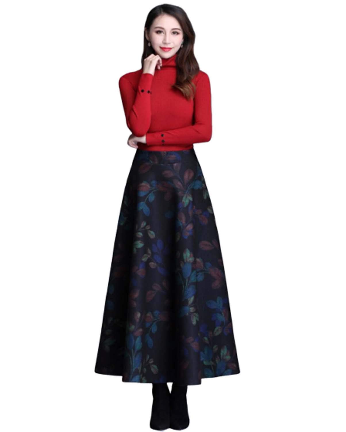 Femmes Plaid Woollen Jupes Taille Haute A-Ligne évasé Jupe Longue Automne Hiver Chaud Laine Retro Big Swing Maxi Jupes