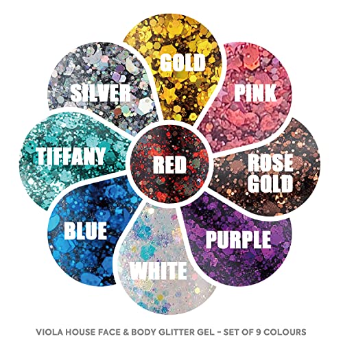 Viola House Liquid Body Glitter Gel Set, 9 Colors Glitter Eyeshadow, Christmas Glitter, Cosmetics Face Hair Nails Makeup Long Lasting Sparkling 9 Pcs Glitter Gel + 1 Brush. #TOP3