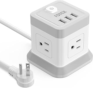 Power Strip with USB, FDTEK Flat Plug Extension Cord with 4 Outlets and 3 USB Ports, 5 FT Power Cord Desktop Charging Station, Overload Protection, Compact Portable for Travel Home Office Cruise Ship