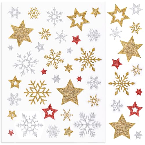 5 feuilles d'autocollants brillants Noël, étoiles et flocons multicolores pour cadeaux