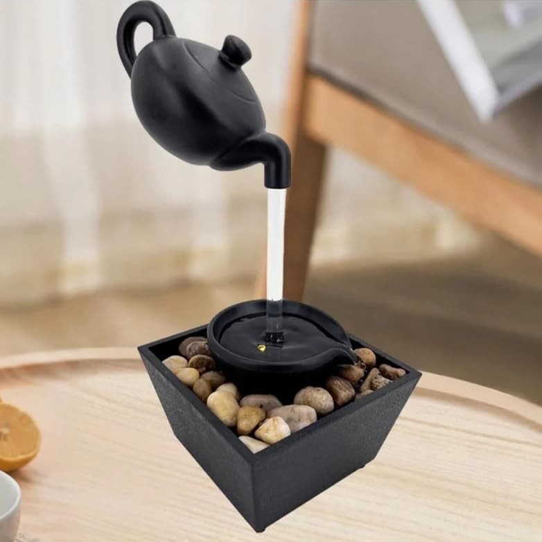 Image of Indoor Tabletop Water Fountain with LED Light & Natural Pebbles - Flowing Pot Design, Decorative Mini Waterfall for Home, Office & Meditation