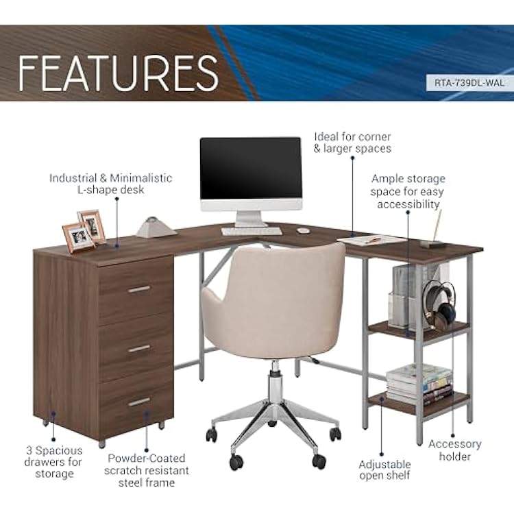 Techni Mobili L Shaped Desk - Two-Toned Computer Desk with Drawers & Storage Shelves - Simple Modern Furniture & Home Office Space Corner Table for Work & Writing