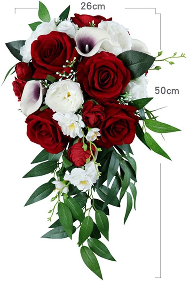 Wedding Bouquets for Bride, 10 Inch White Wine Red Calla Lily and Rose Artificial Toss Bouquet Wedding Outdoor Rustic Waterfall Cascading Bridal Bouquets for Wedding Ceremony and Anniversary