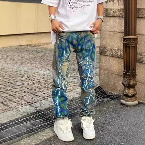 Men's Graffiti Hip-hop Jeans, Men's Lightning Print, Tight and Worn Jeans, Gothic Jeans3