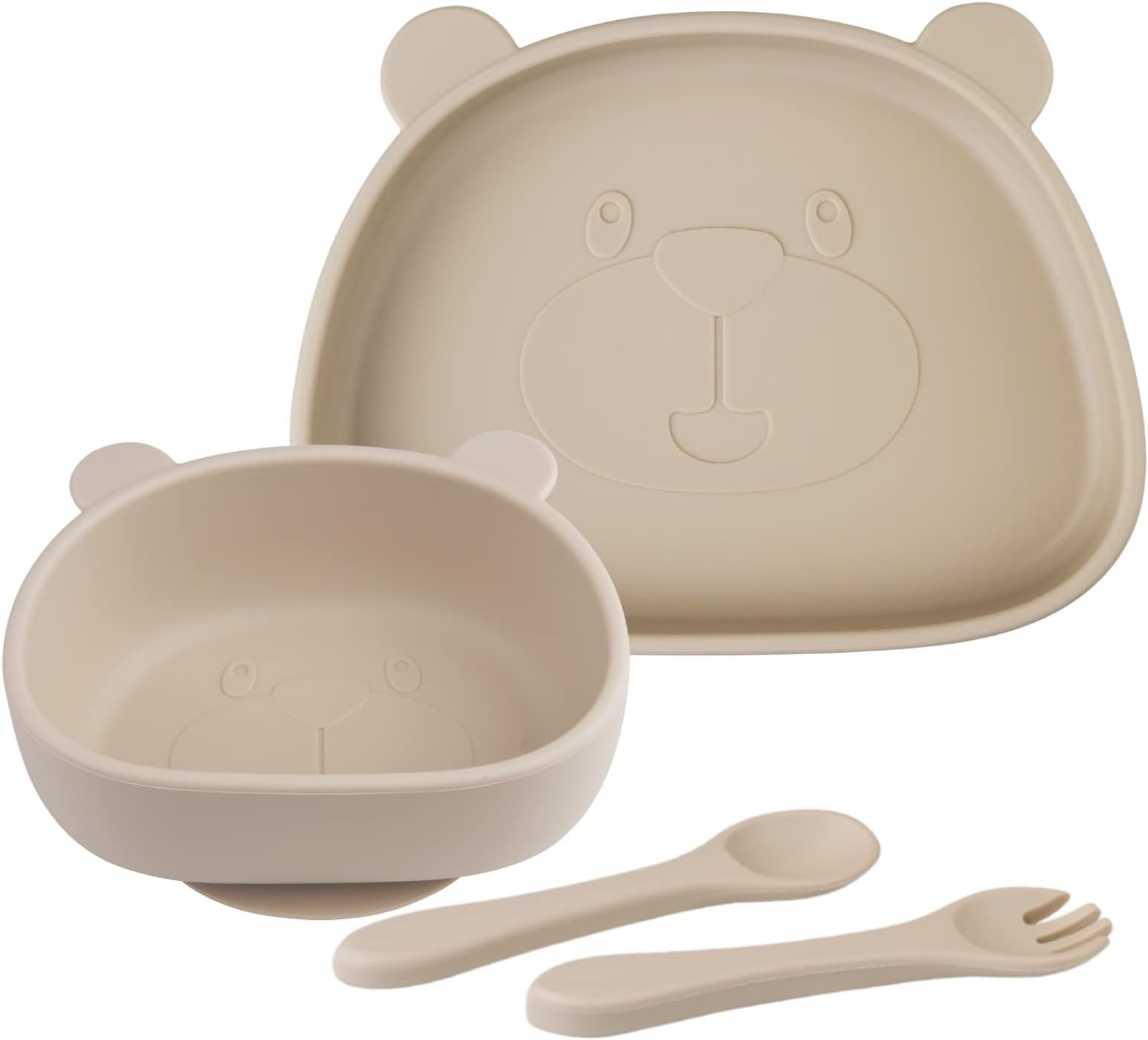 Suction Baby Plate and Bowl Set with Fork Spoon, Silicone Baby Led Weaning Supplies for Toddler Self Feeding, BPA Free Dishwasher and Microwave Safe (Natural)