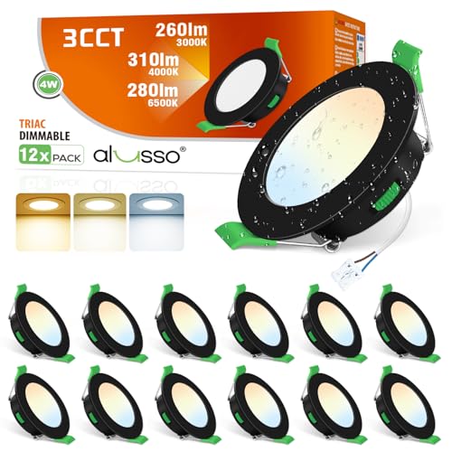 ALUSSO Lot de 12 spots LED encastrables 230 V 4 W plats à intensité variable 230 V, 68 mm - Blanc chaud 3000 K blanc neutre 4000 K blanc froid 6500 K - Noir...