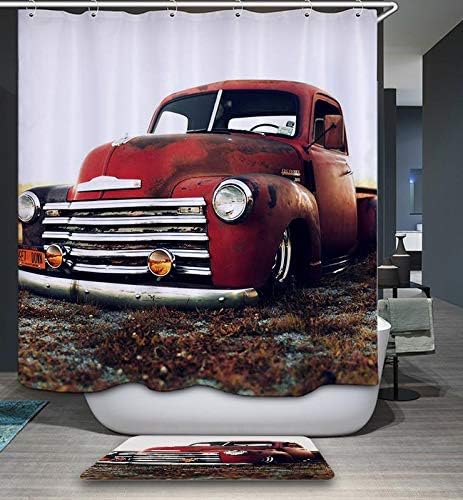 GoJeek Chevy Truck Shower Curtain Retro Rustic Red Truck Cars Bathroom Decor (72“x72”), W 72" x L 72" (1 Panels)