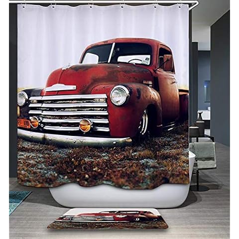 GoJeek Old Red Truck Shower Curtain Retro Rustic Red Truck Cars Bathroom Decor (72?x72?) Cover